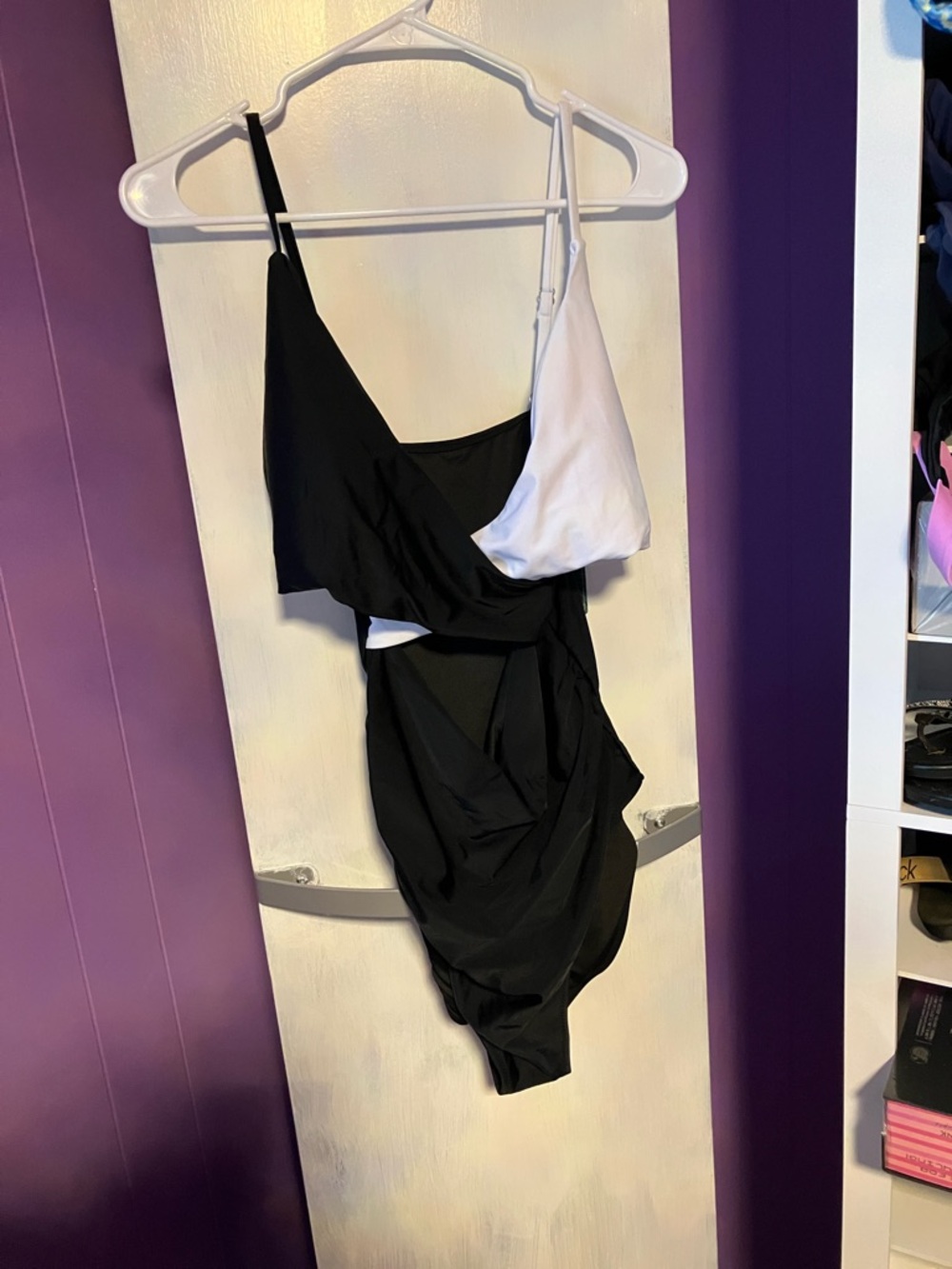 Two-Tone Black & White Draped One-Piece Swimsuit